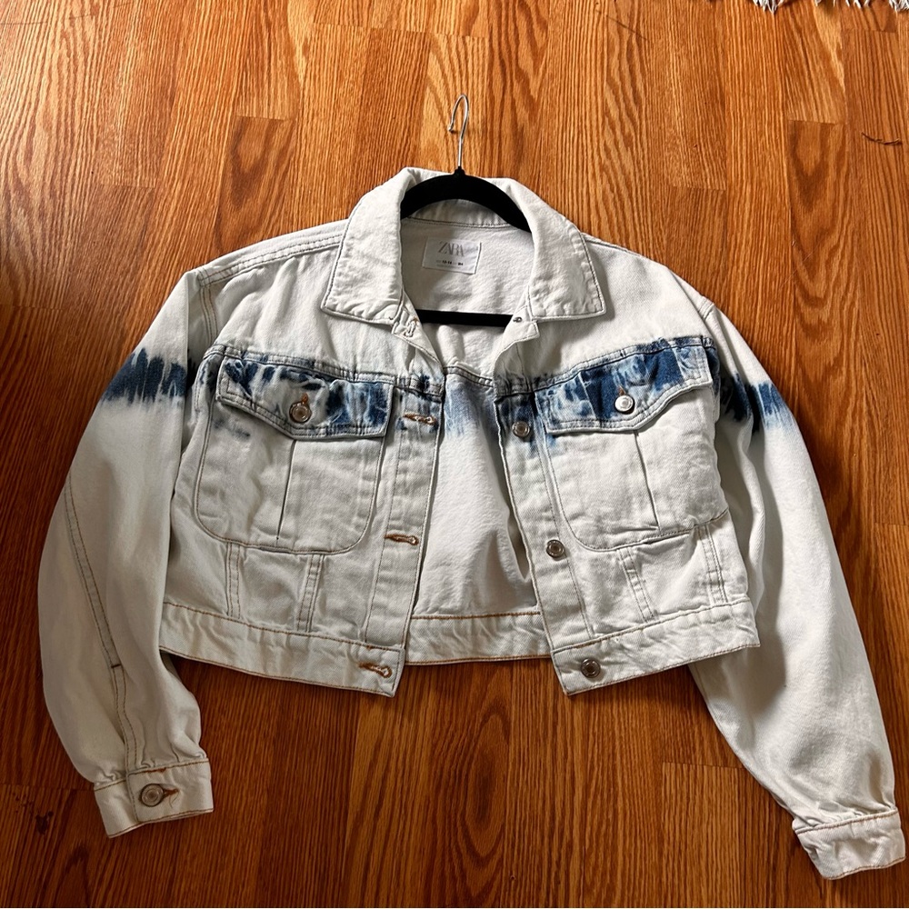 Zara white blue tie dye denim jean  Jacket cropped kids 13-14